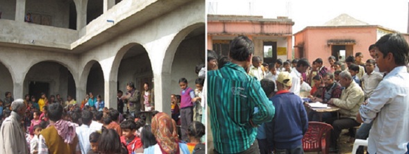 Block official explaining details of the distribution camp to students (left) and students receiving their entitlement for uniforms – due to them from the previous year, FY 2011-12 (right).