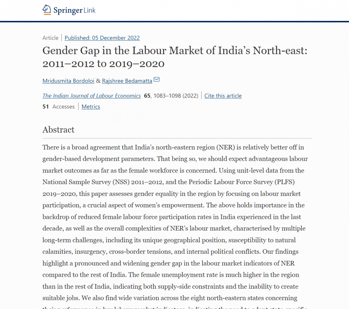 Gender Gap in the Labour Market of India’s North‑East: 2011–2012 to 2019–2020